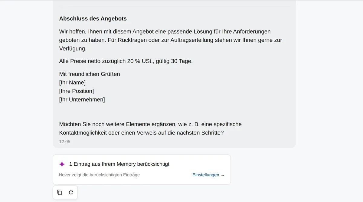 Habicht Chat: Angebotsabschluss mit dem gemerkten Satz zu Preisen und Gültigkeit, darunter der Hinweis „1 Eintrag aus Ihrem Memory berücksichtigt“