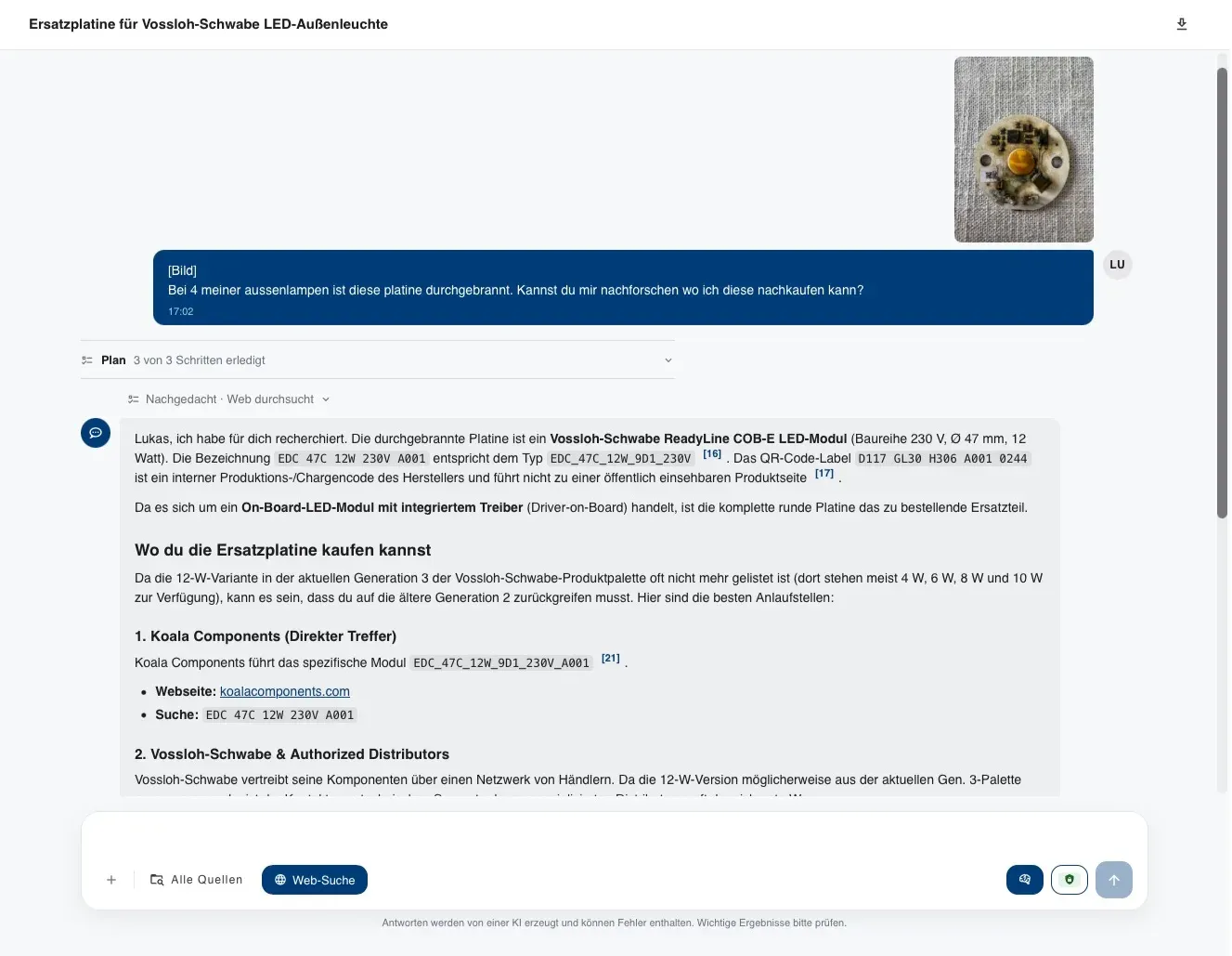 Habicht Smart Chat beantwortet eine Produktfrage und belegt die Aussagen mit nummerierten Quellenverweisen