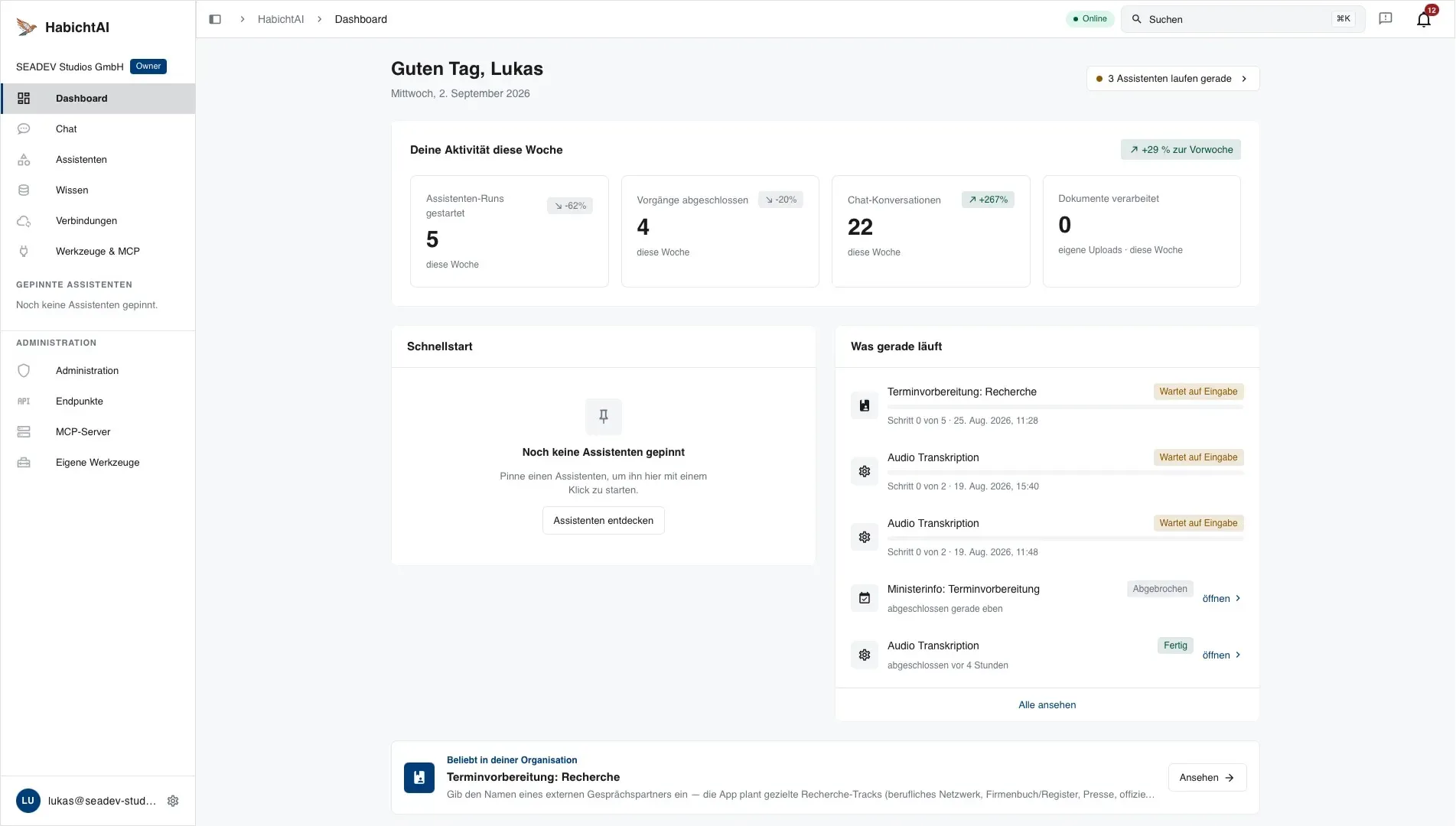 Habicht-Dashboard: Wochenaktivität, Schnellstart und laufende Assistenten auf einen Blick