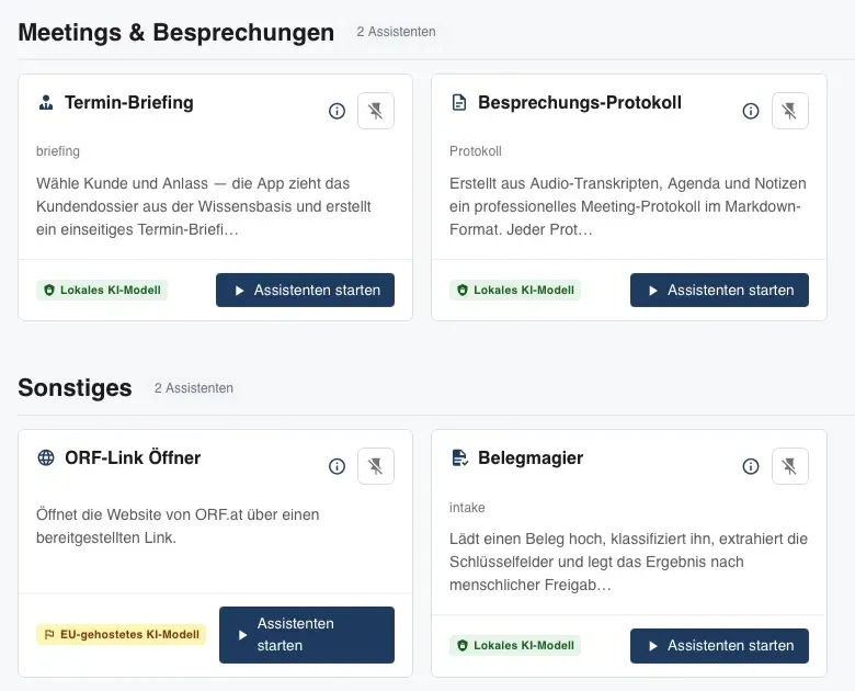 Habicht Assistenten-Katalog: App-Karten mit den Badges „Lokales KI-Modell" und „EU-gehostetes KI-Modell"